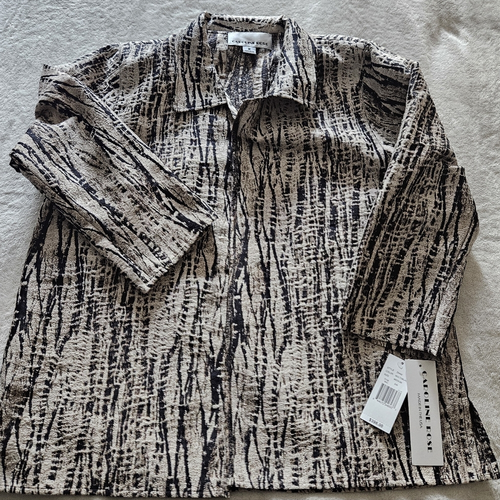 Caroline Rose 3/4 Sleeve Open-front Textured Jacket:‎ Black/Cream/Gold Print